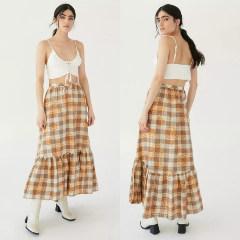 Urban Outfitters Million Miles Midi Skirt Size Medium Plaid Floral Linen Blend